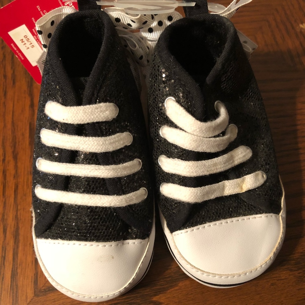 Infant shoes black glitter with polka dot bows!